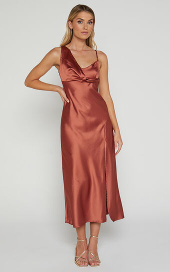 Adessa Midi Dress - Drape Detail Split Hem Dress in Copper