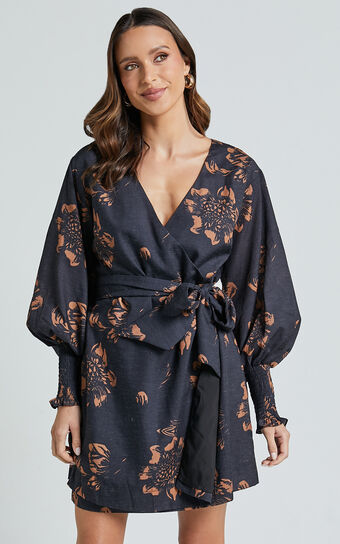 Alvinia Mini Dress - Balloon Long Sleeve Wrap Dress in Black Print