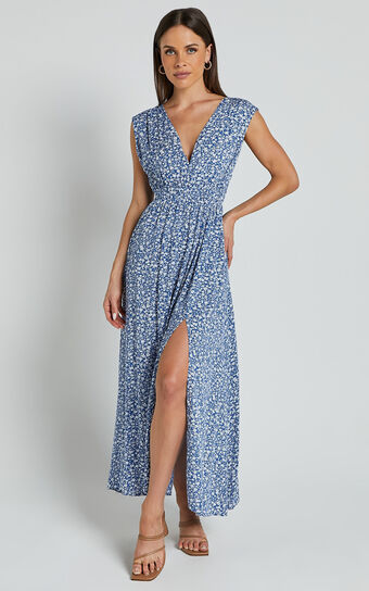 Valeri Midi Dress - Plunge Neck Sleeveless Tie Waist Dress in Blue Floral