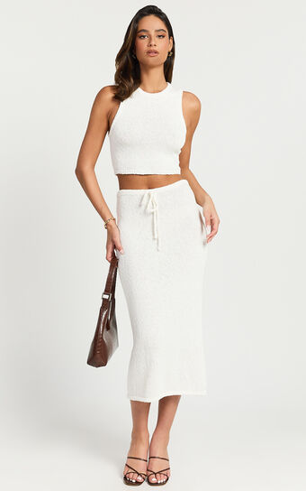 Vivianne Two Piece Set - Knitted Crop Top and High Waist Midi Skirt in White