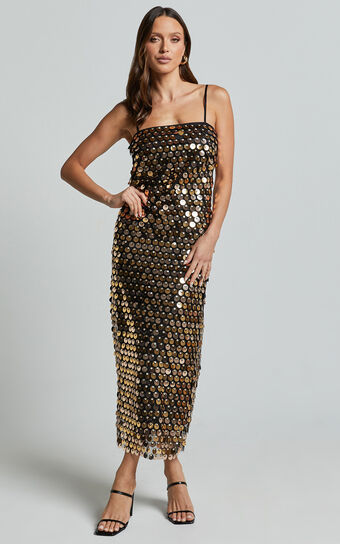 Amarie Midi Dress - Circle Sequin Dress in Gold