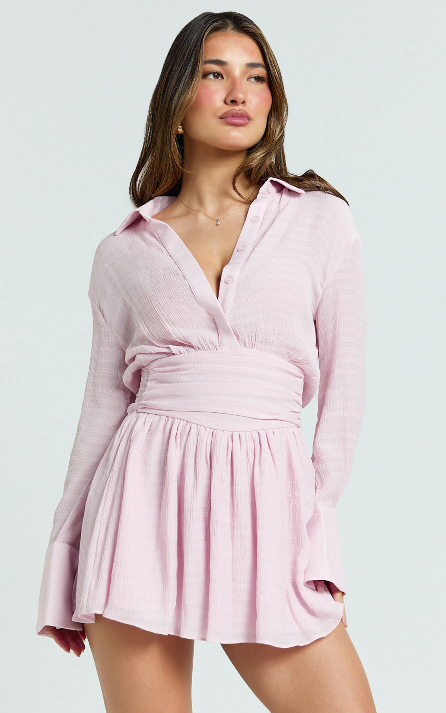 Valerie Mini Dress - Collared Long Sleeve Corset Waist Shirt Dress in Pink - 06, PNK5