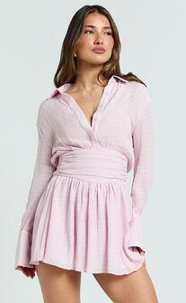 Valerie Mini Dress - Collared Long Sleeve Corset Waist Shirt Dress in Pink