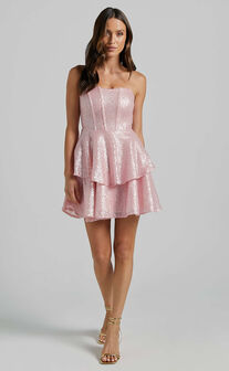 Mabel Mini Dress - Strapless Sweetheart Neck Tiered in Pink