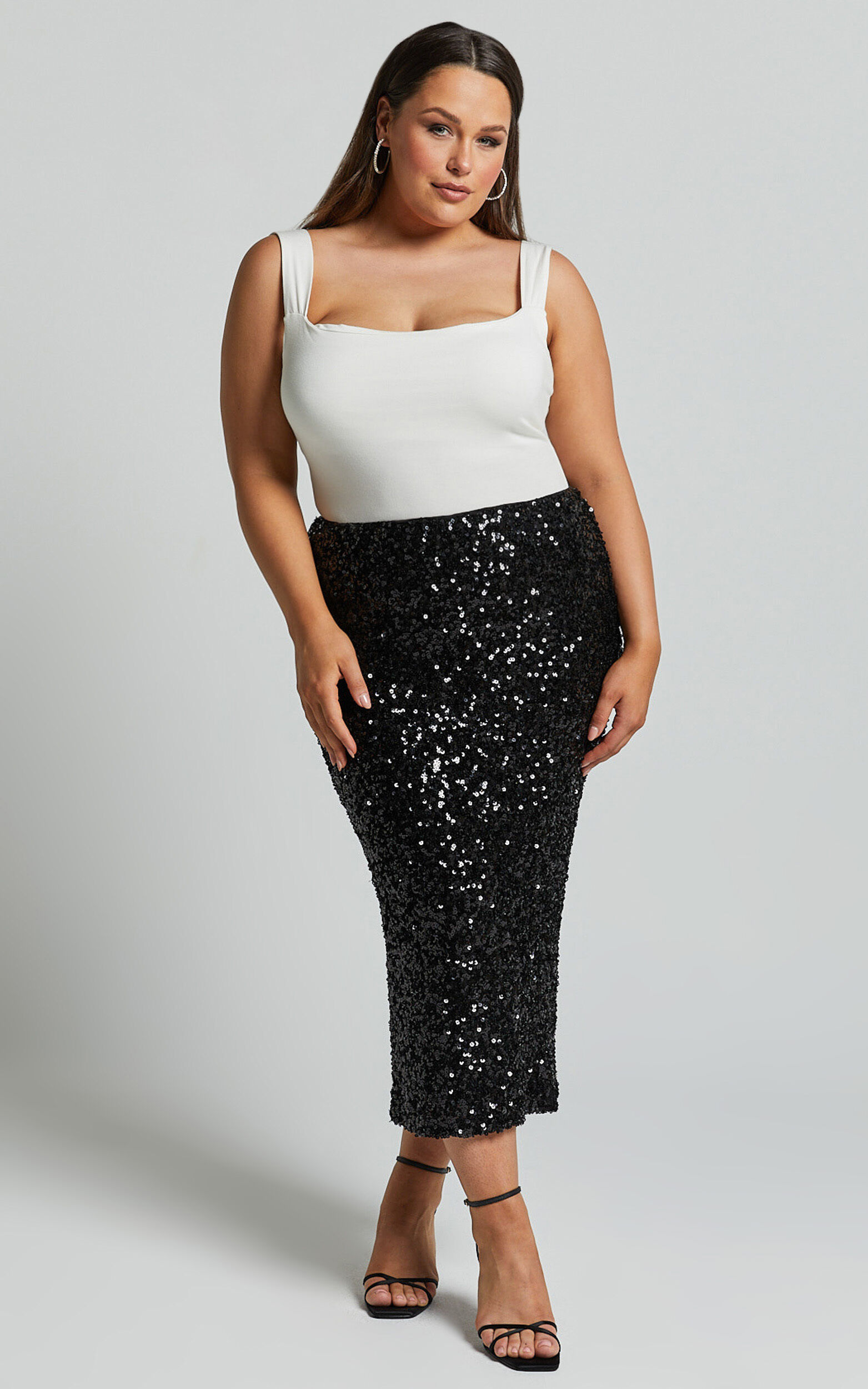 Hasley Midi Skirt Sequin Bodycon Skirt in Black Showpo