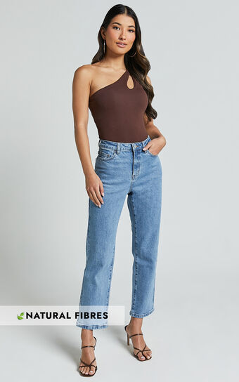 Chandler Jeans High Waisted Crop Straight in Mid Blue Wash Showpo Sale