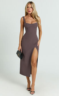 Aretha Midi Dress - Square Neckline High Split Dress in Mocha