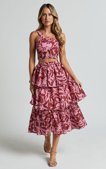 Lydie Two Piece Set - One Shoulder Top and Tiered Midi Skirt Set in Whirlwind Floral Print Showpo