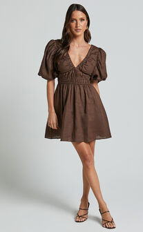 Amalie The Label - Khaila Linen Plunge Puff Sleeve Mini Dress in Chocolate