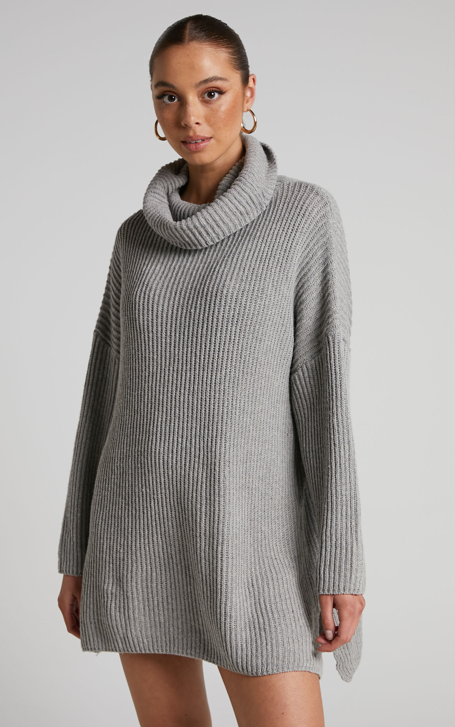 Ariene Jumper Dress Oversized Turtle Neck Knit Dress in Grey Showpo USA