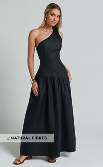Amalie The Label - Alorah Linen Blend One Shoulder Dress in Black