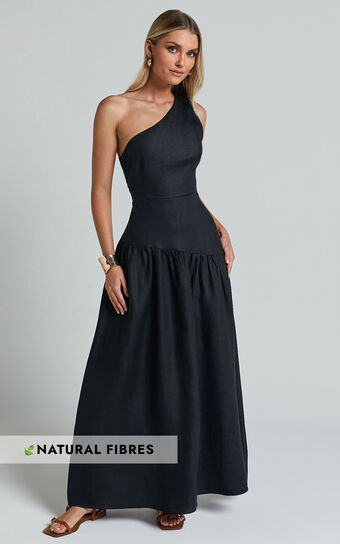 Amalie The Label - Alorah Linen Blend One Shoulder Dress in Black Amalie the Label