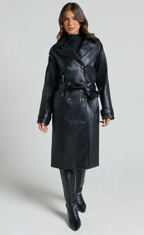 Vicki Trench Coat - Faux Leather Washed Trench Coat in Black