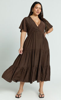 Cryzel Midi Dress - Flutter Sleeve Tiered Dress in Chocolate