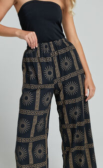 Cassidy Pant - Elasticated Linen Look Pants in Black Sun Print