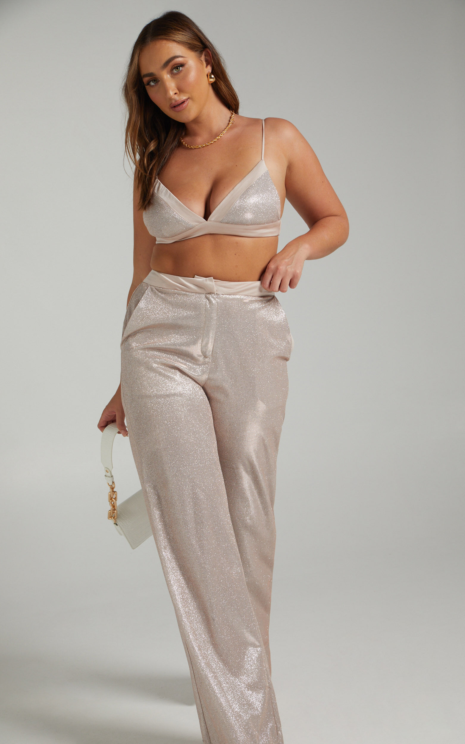 Sharleez Pants Glitter High Waisted Tailored Wide Leg Pants in Rose Gold Showpo USA