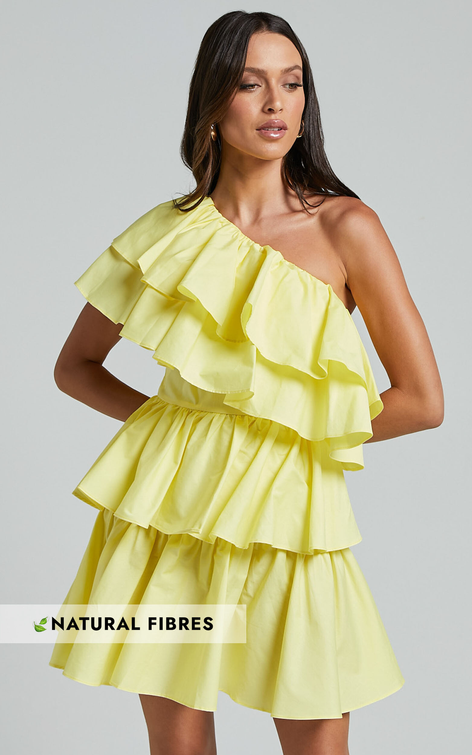 Flora Mini Dress - One Shoulder Tiered Dress in Sun Yellow - 06, YEL1