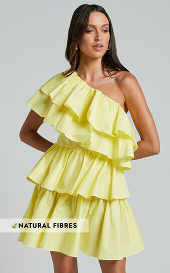 Flora Mini Dress - One Shoulder Tiered Dress in Sun Yellow