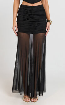 Bindi Maxi Skirt - Asymmetric Contrast Jersey Leg Split Skirt in Black