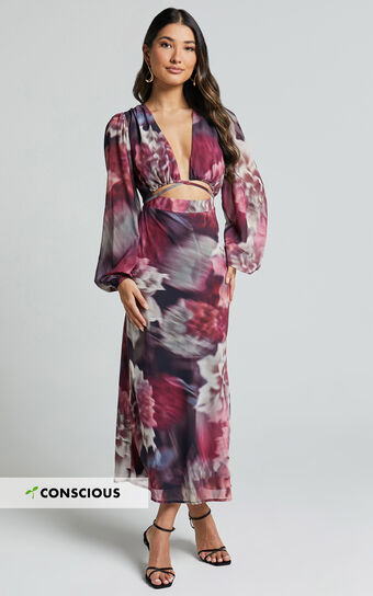 Sinclair Midi Dress - Plunge Bishop Sleeve Cut Out Dress in Mariache Rose Print