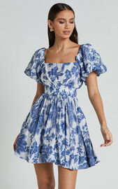 Mira Mini Dress - Square Neck Balloon Sleeve Dress in Blue Floral | Showpo