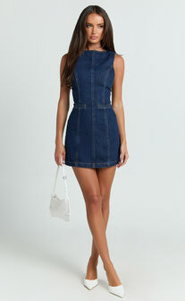 Olenna Mini Dress - High Neck Fitted Denim Dress in Indigo Wash