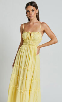 Schiffer Midi Dress - Strappy Ruched Tie Front Tiered Dress in Yellow