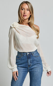 Terry Top - One Shoulder Rosette Detail Gathered Top in Cream