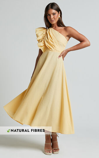 Dixie Midi Dress Linen Look One Shoulder Ruffle in Lemon Showpo Australia