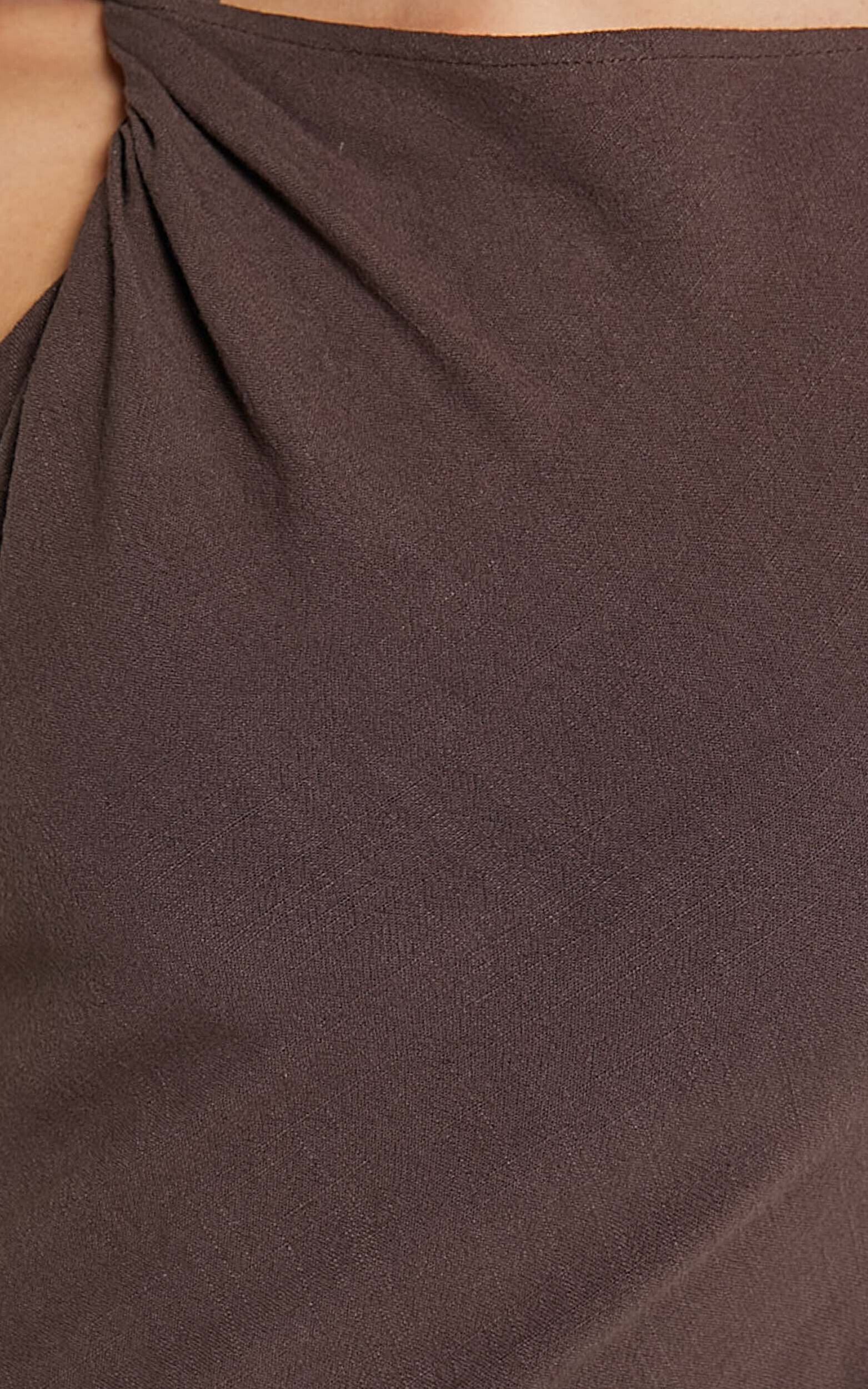 Jessenia Maxi Dress - Linen Look High Neck Dress in Chocolate | Showpo