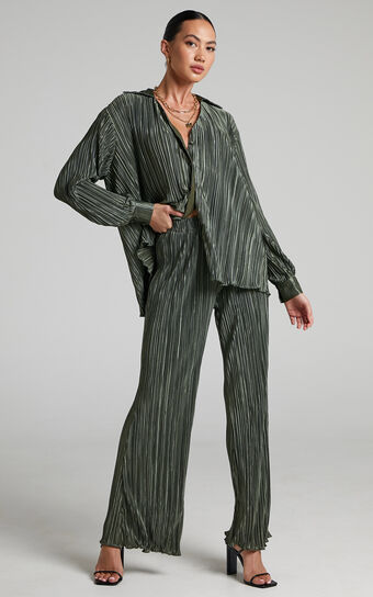 Beca Pants - High Waisted Plisse Flared Pants in khaki