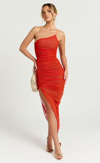 Lyesha Maxi Dress - Ruched Asymmetric Bodycon Dress in Orange