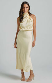 Minnie Midi Dress - Drape Neck Satin Slip Dress in Butter Yellow ...