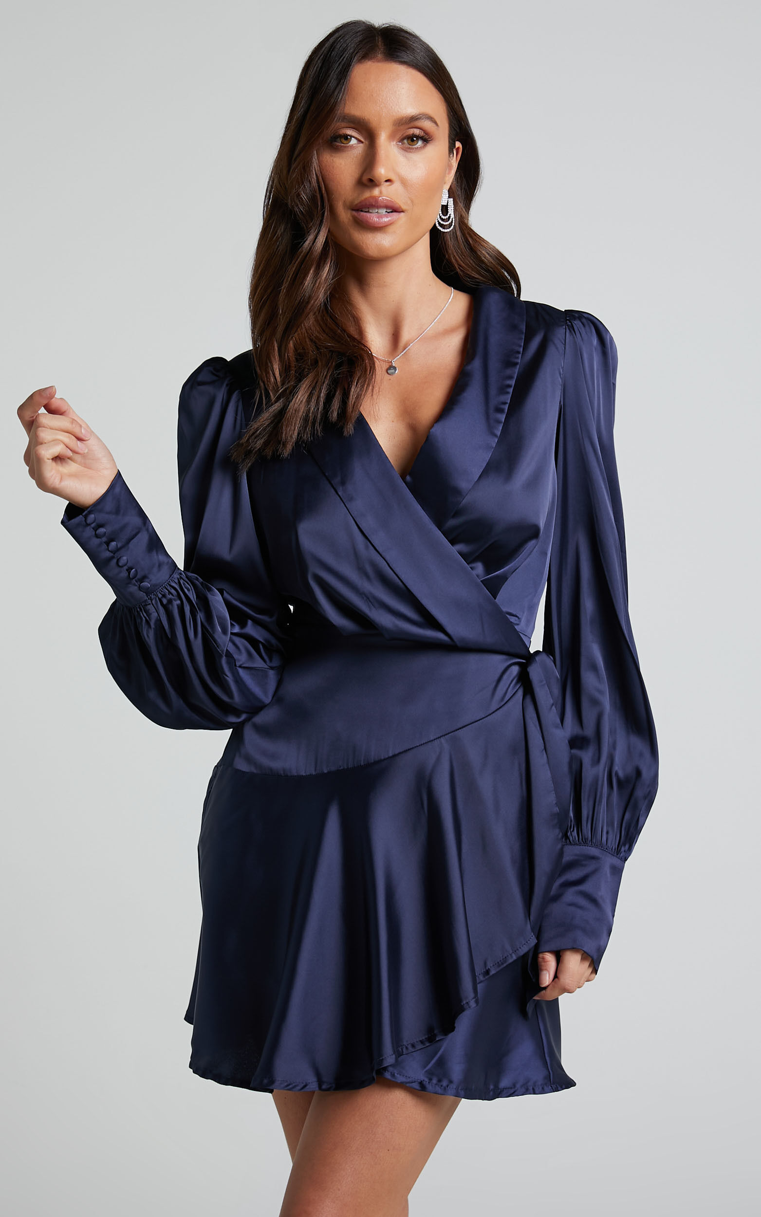 Breeana Mini Dress Long Sleeve Wrap Dress in Navy