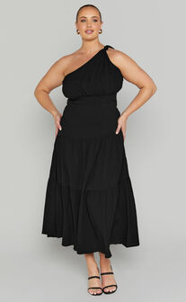 Celestia Midi Dress - Tiered One Shoulder Dress in Black