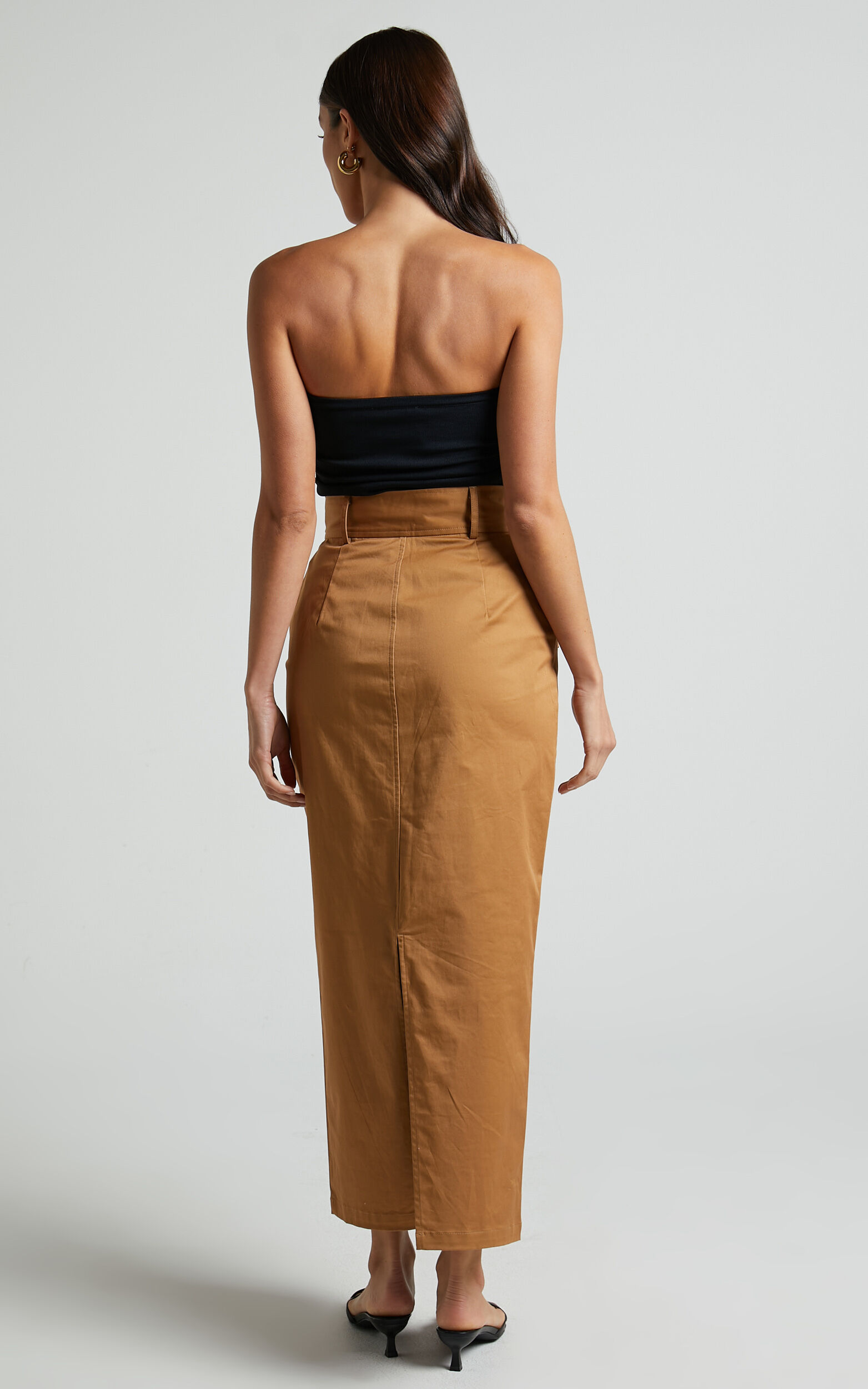 High waisted midi skirt top camel