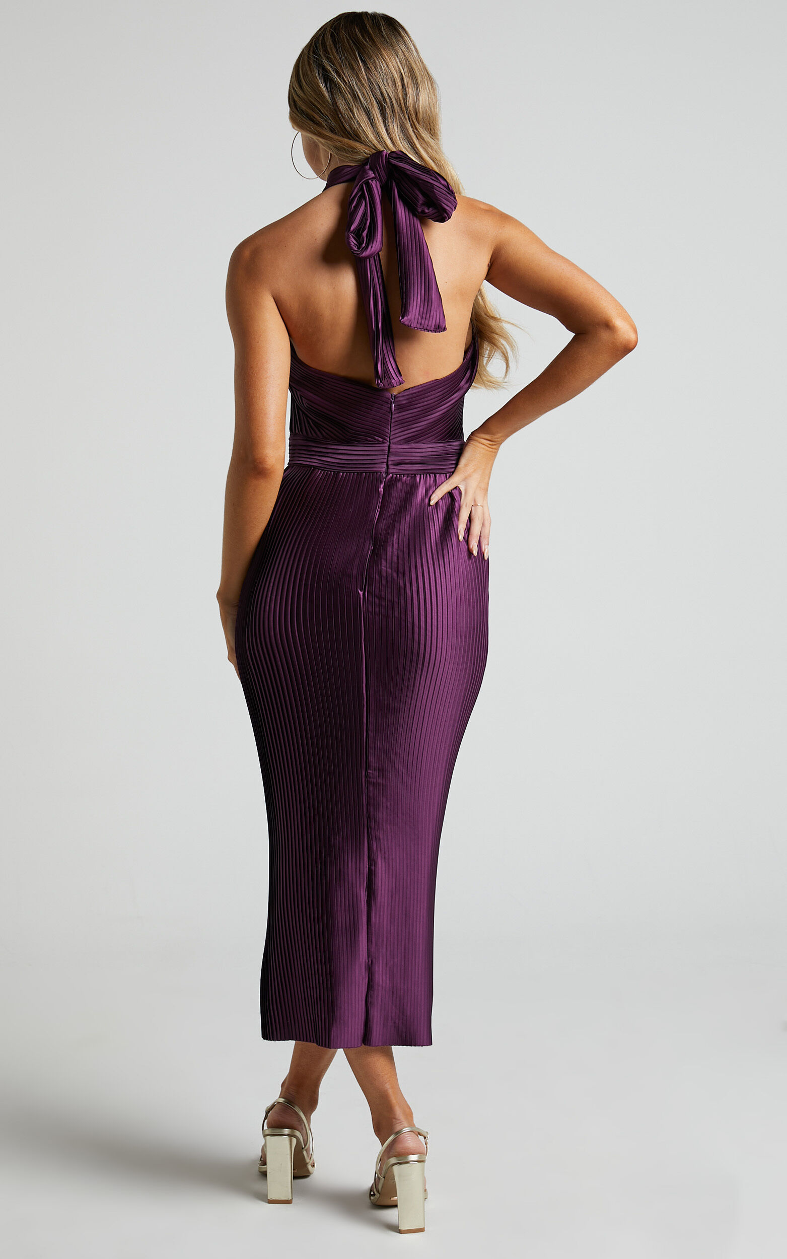Marlette Midi Dress Pleated Open Back Halter Dress in Aubergine