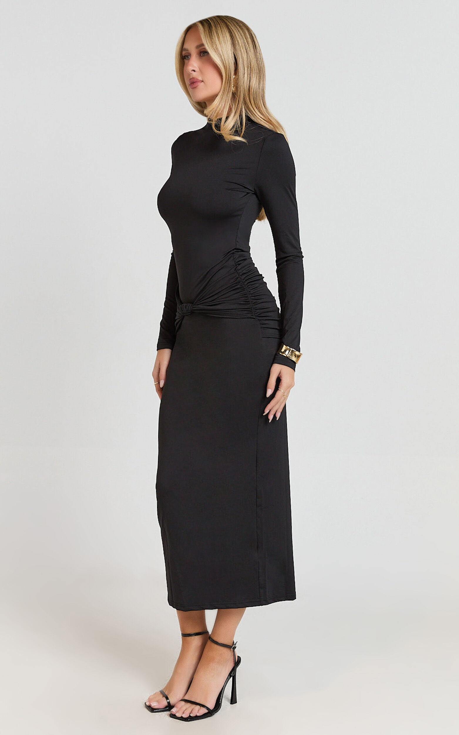 Amelita Midi Dress - Long Sleeve Knot Detail Dress in Black