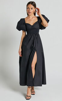 Raiza Midi Dress - Shirred Waist Puff Sleeve Dress in Black