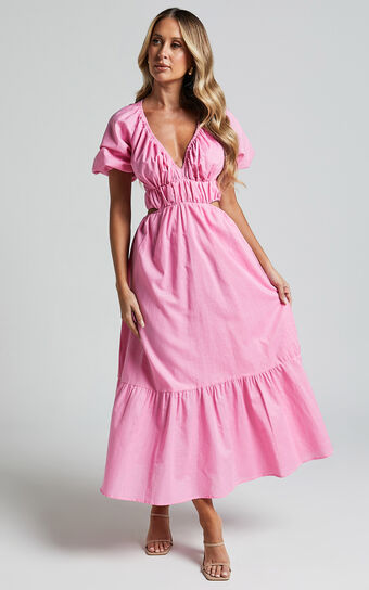Lukas Midi Dress - Linen V Neck Puff Sleeve Dress in Pink