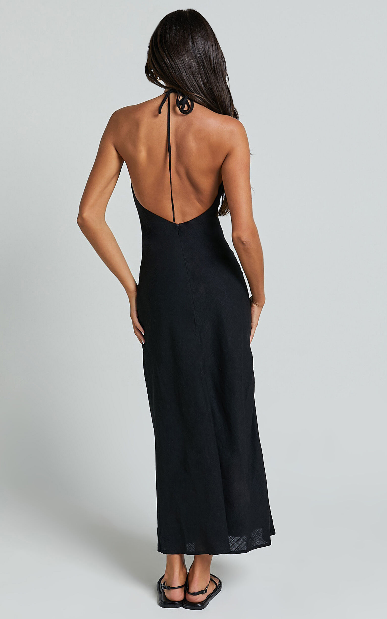 Cyrena Maxi Dress - Linen Halter Neck Sleeveless Slip Dress in Black ...