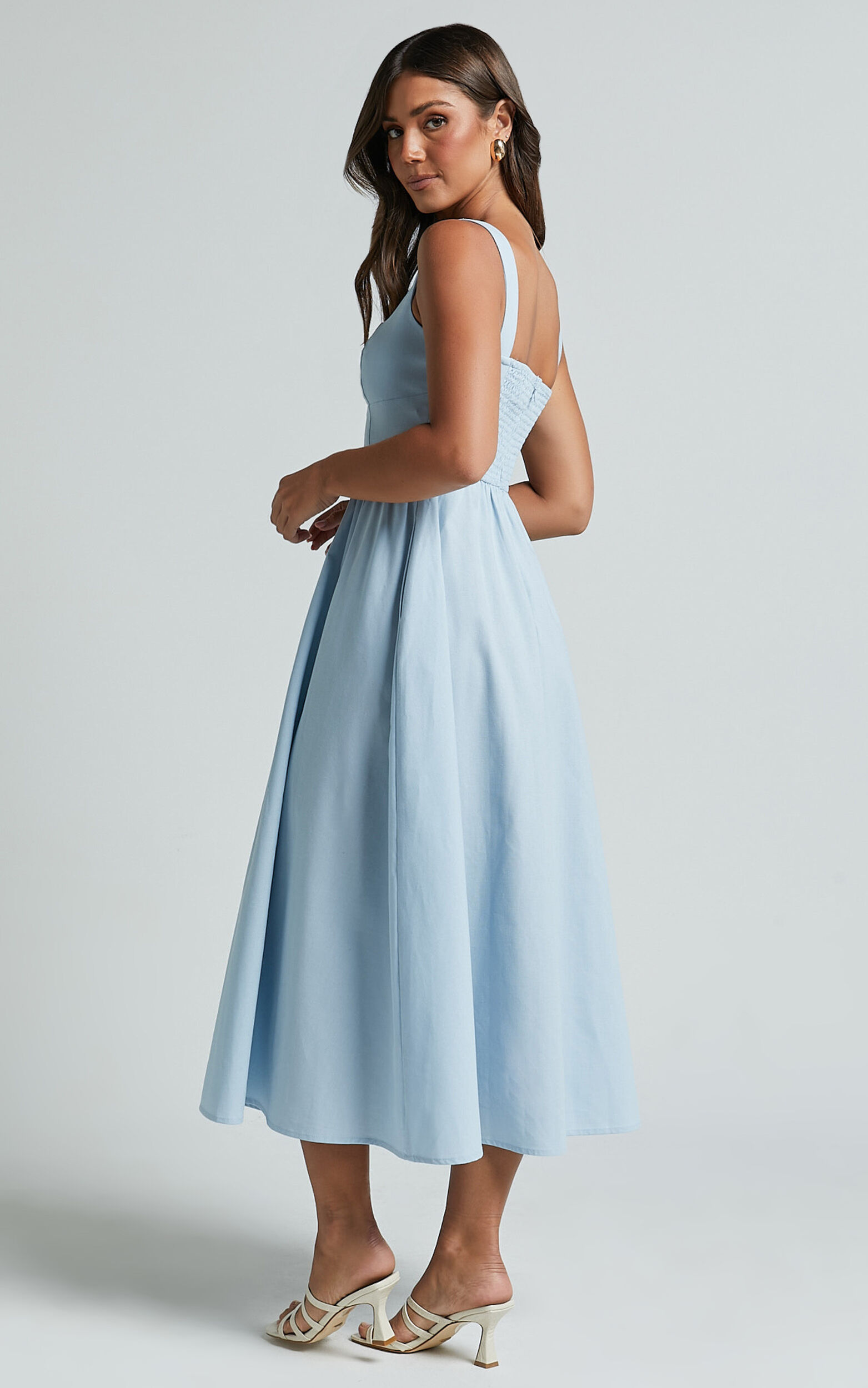 Khari Midi Dress Linen Look Square A Line Dress in Blue Showpo