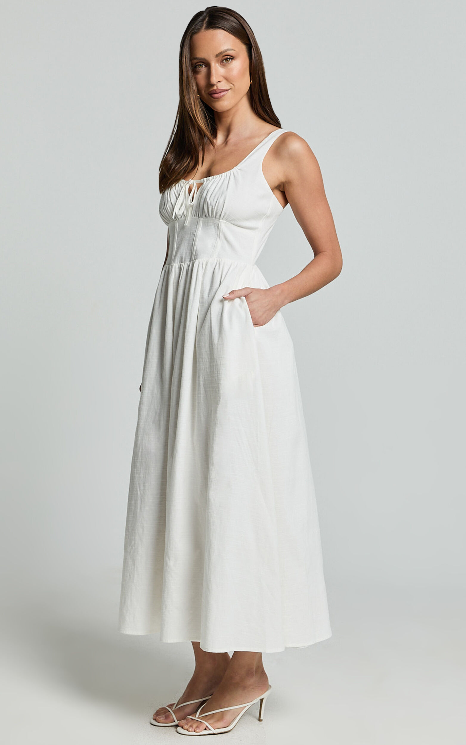 Haylee Midi Dress - Corset Waist Gathered Bust Dress in Ivory | Showpo