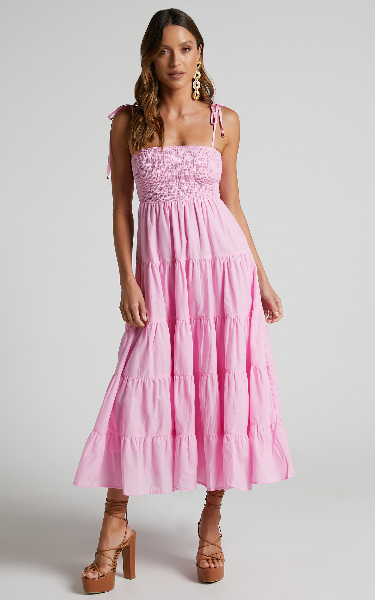 Ayla Midi Dress - Tie Up Strap Tiered Dress in Candy Pink | Showpo