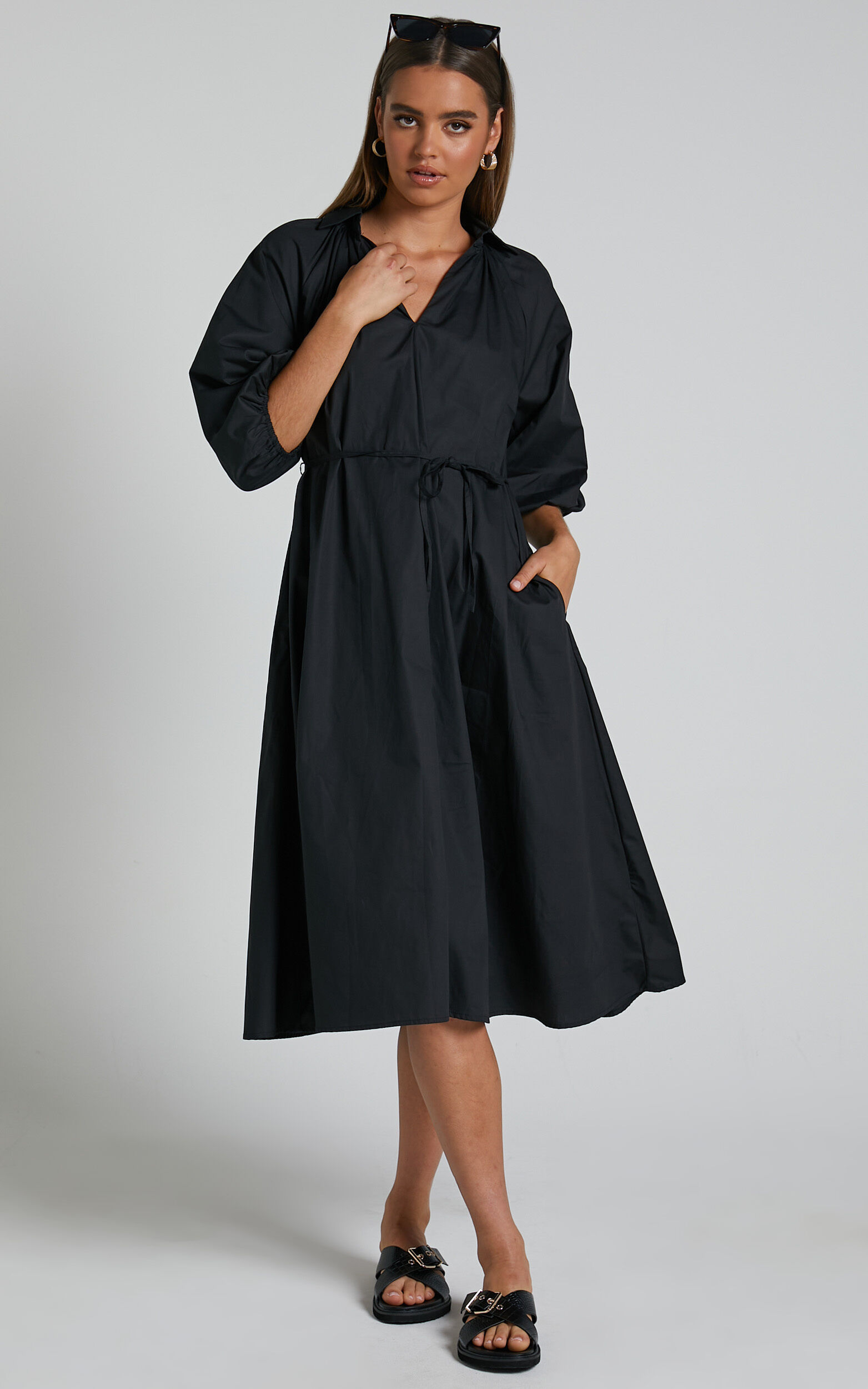 Simone Midi Dress - Collared Waist Tie Smock Dress in Black | Showpo USA