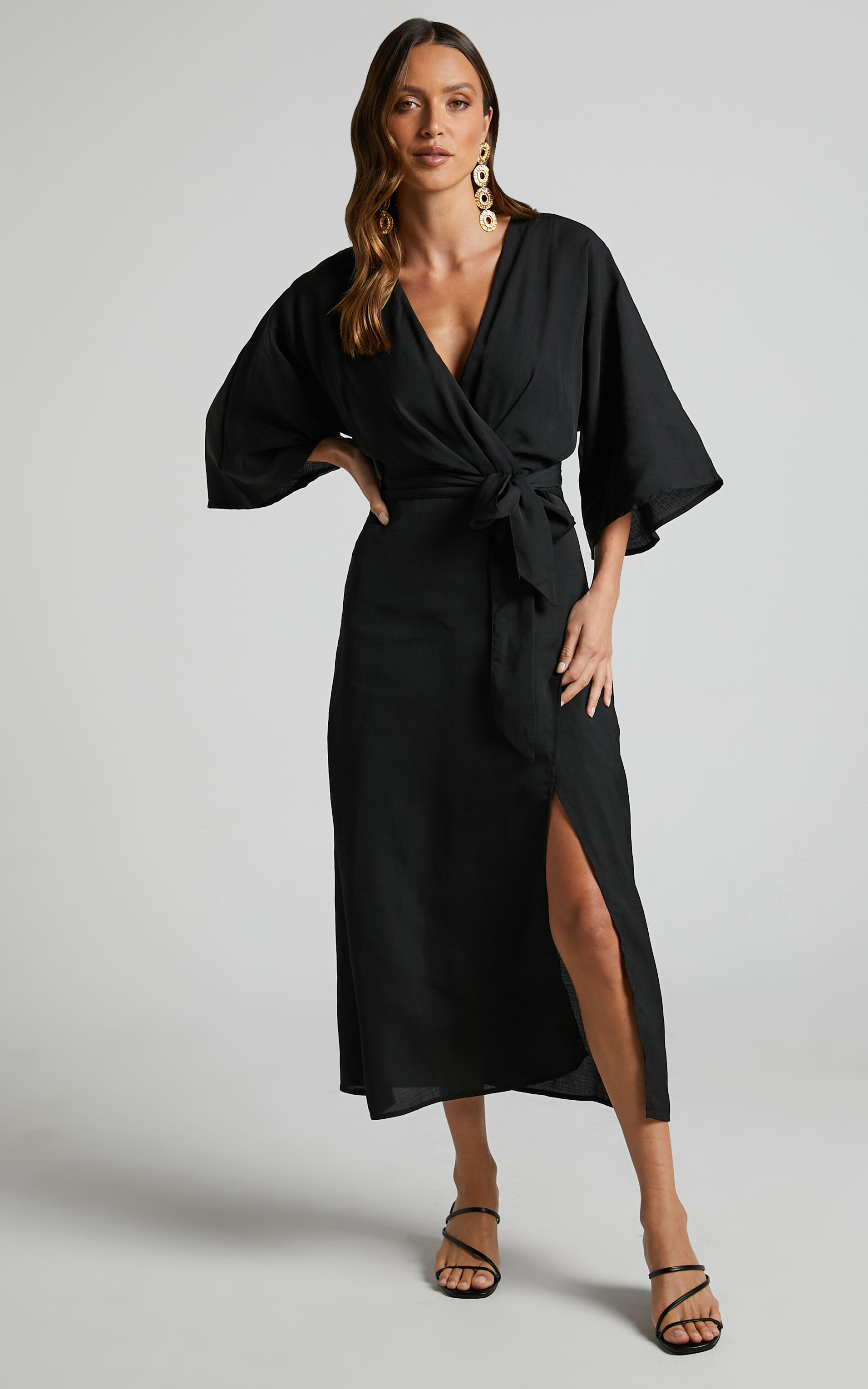 Hanlou Midi Dress Long Sleeve Plunge Wrap Dress in Black Showpo NZ