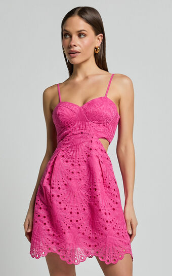 Layne Mini Dress - Strappy Cut Out Embroidered Dress in Pink