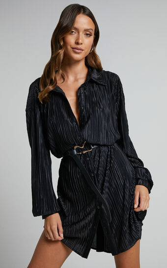 Beca Mini Dress - Crinkle Button Up Shirt Dress in Black Showpo