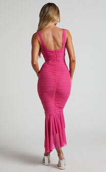 Kody Midi Dress - Bodycon Ruched Mesh Cut Out Dress in Hot Pink