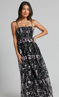 Adeje Maxi Dress -Aline Embroidered Tulle Dress in Black and Purple Floral